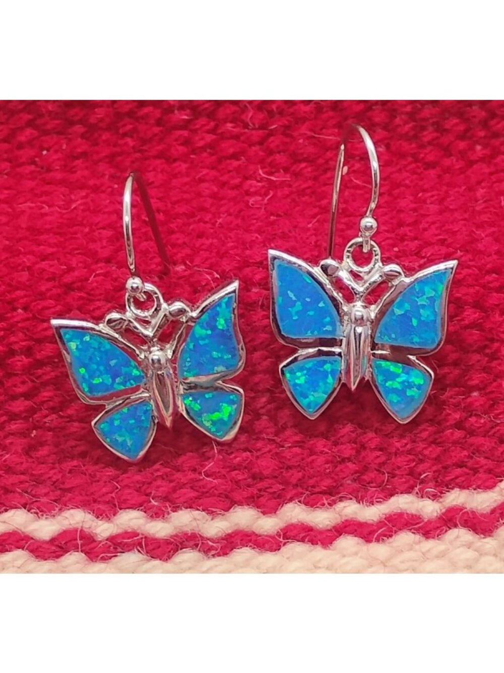 Inlay Blue Opal Sterling Silver Butterfly Dangle Earrings Simulated Stones 1" Lo